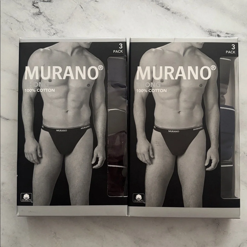 Murano 100% Cotton Thong Underwear 2 Boxes - 6 Thongs Total - Blue Black Gray XL